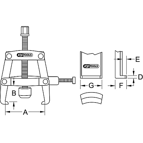 Werkzeug mit Schraube und Griff, Größenbezeichnungen A-G
